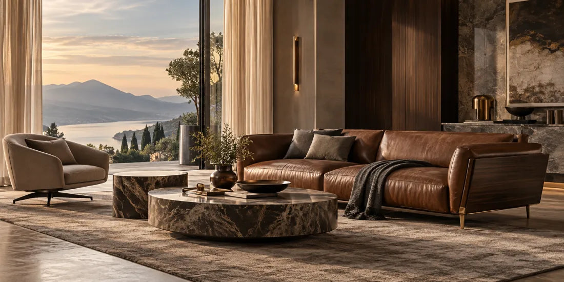 Luxury living room with a leather sofa, walnut details, marble coffee tables, and warm metal accents