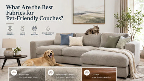 Pet-friendly couch with a dog and cat comparing microfiber, performance fabric, and leather upholstery for scratch, hair, stain, and moisture resistance.