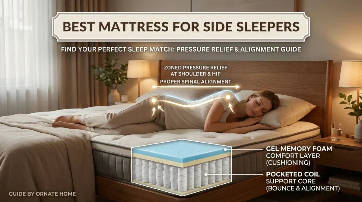 Infographic showing the best mattress for side sleepers, featuring a gel memory foam comfort layer and pocketed coil support core for proper spinal alignment and hip pressure relief