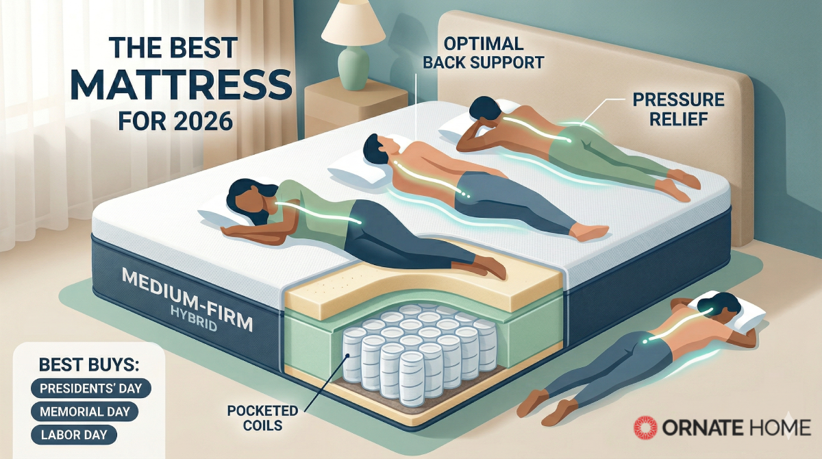 Infographic of the best mattress for 2026 showing a cross-section of a medium-firm hybrid mattress with pocketed coils and foam layers, illustrating optimal spinal alignment for side, back, and stomach sleepers