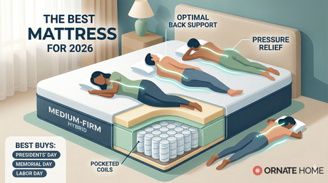 Infographic of the best mattress for 2026 showing a cross-section of a medium-firm hybrid mattress with pocketed coils and foam layers, illustrating optimal spinal alignment for side, back, and stomach sleepers