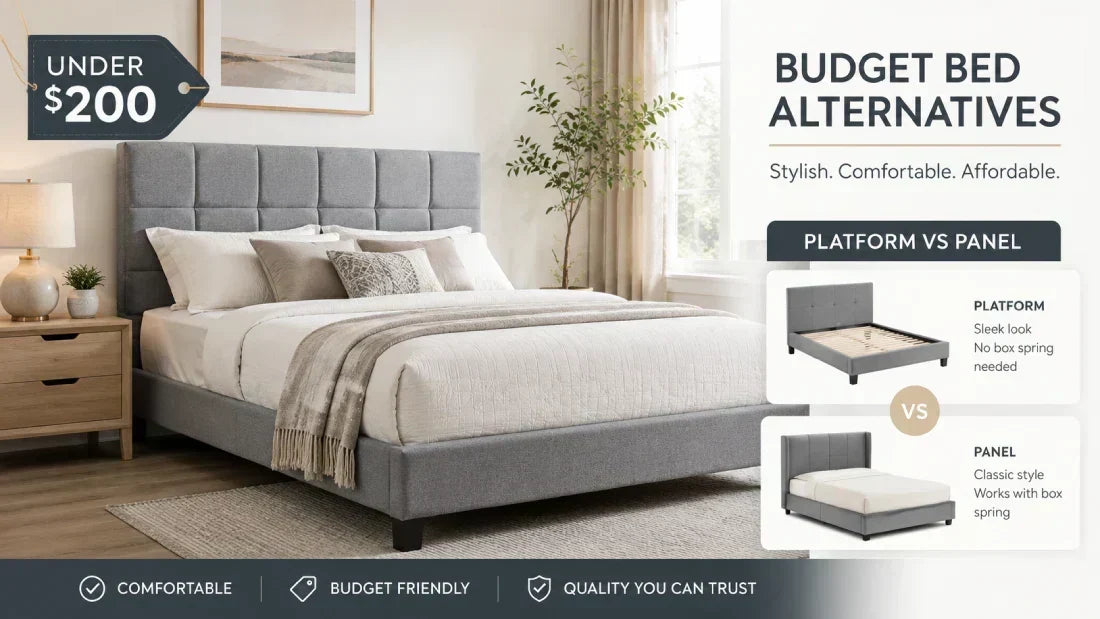 Gray upholstered platform bed with budget bed alternatives under $200 and platform vs panel bed comparison.