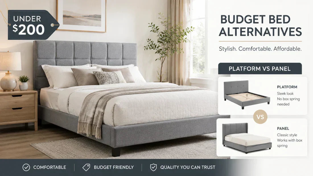 Gray upholstered platform bed with budget bed alternatives under $200 and platform vs panel bed comparison.