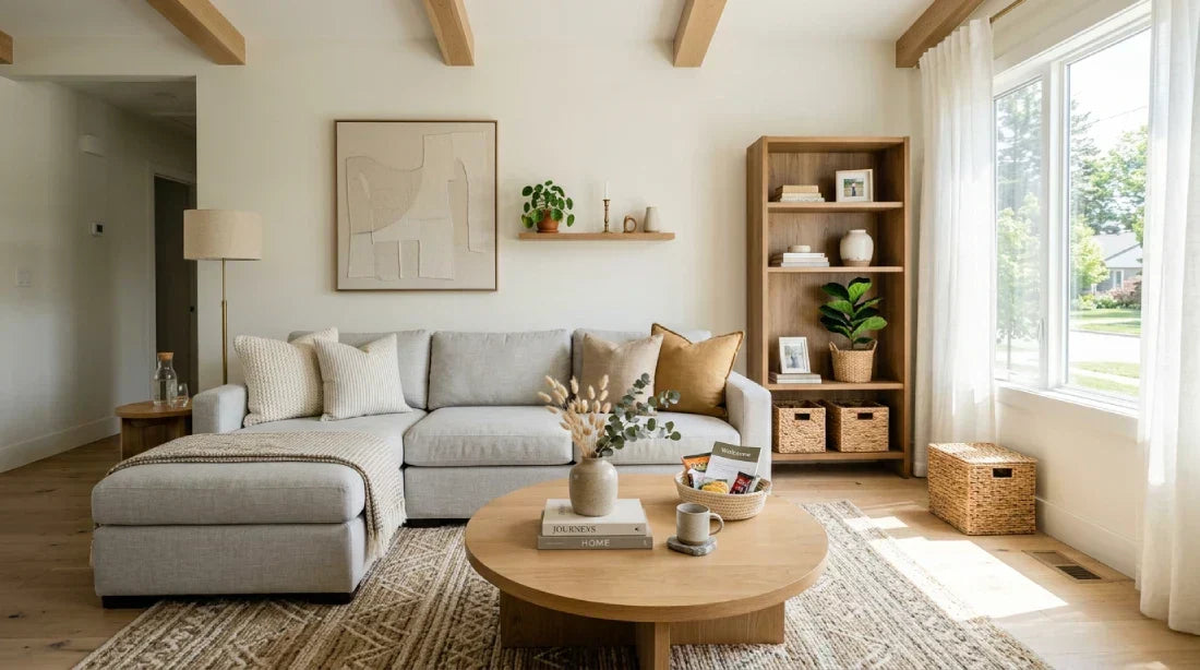 A professionally furnished Airbnb living room featuring a modern sectional sofa, wooden coffee table, and curated decor accessories in a bright, neutral-toned space