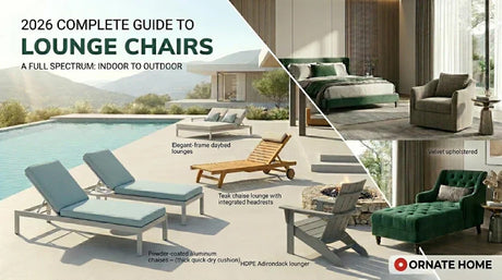 A comprehensive catalog layout showcasing various lounge chair types from Ornate Home, including a modern aluminum sling chaise lounge by a poolside and an elegant upholstered indoor chaise longue in a bedroom setting