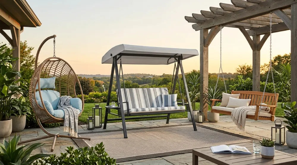 A collection of various outdoor swing chairs including a hanging egg chair, a canopy swing, and a wooden porch swing under a pergola at sunset.