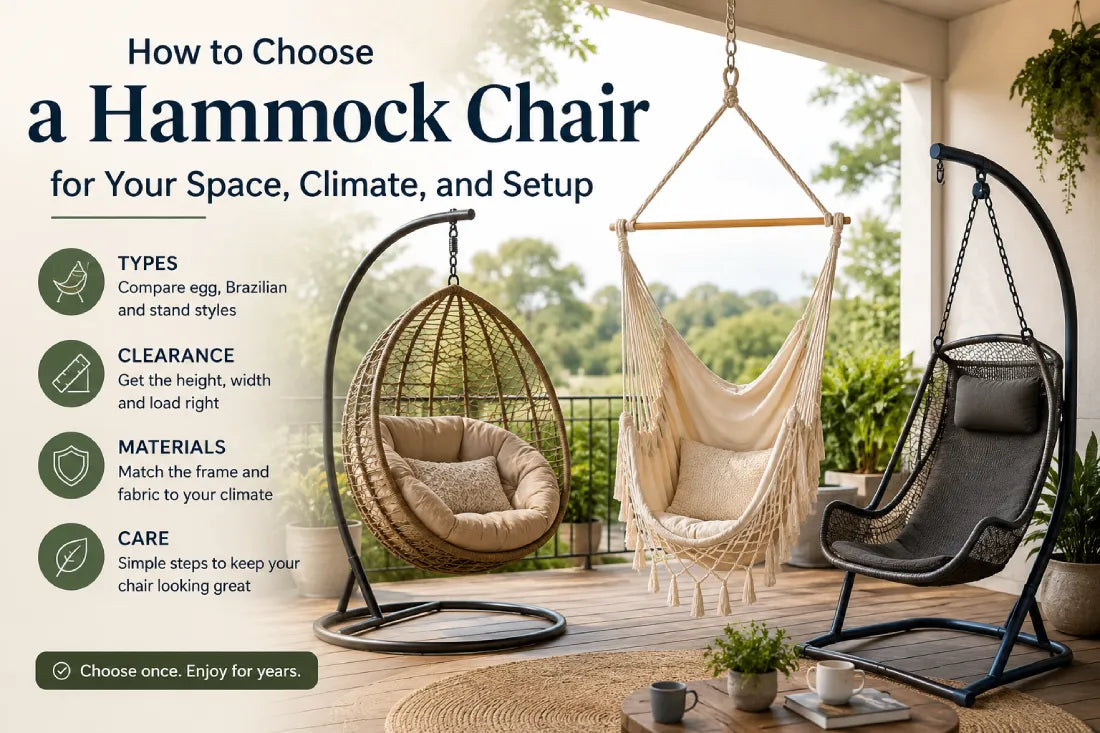 Featured image showing egg, Brazilian, and stand-style hammock chairs on a covered patio, with guide points for types, clearance, materials, and care.