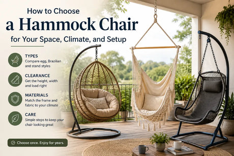 Featured image showing egg, Brazilian, and stand-style hammock chairs on a covered patio, with guide points for types, clearance, materials, and care.