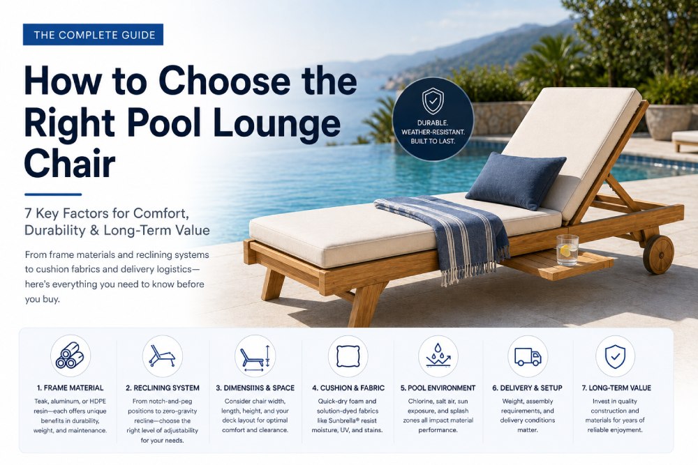 Luxury teak pool lounge chair with cushion beside a swimming pool, illustrating how to choose the right pool lounge chair by material, comfort, deck size, and durability.