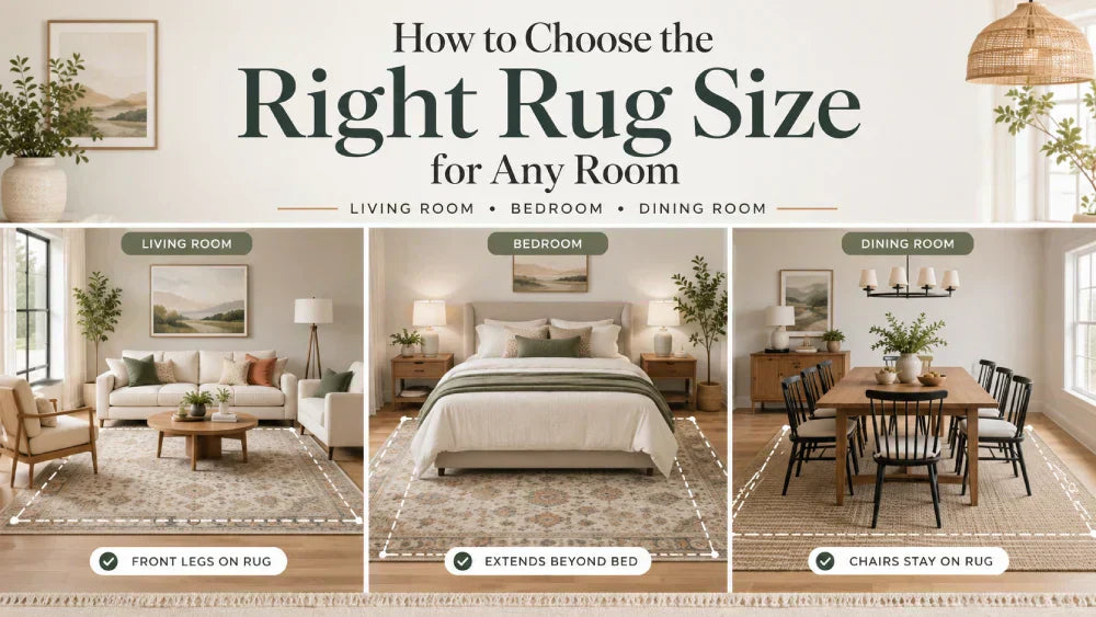 Rug size guide showing correct area rug placement in a living room, bedroom, and dining room with furniture positioned on the rug.