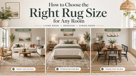 Rug size guide showing correct area rug placement in a living room, bedroom, and dining room with furniture positioned on the rug.