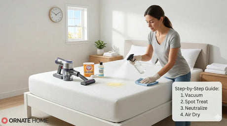 A person cleaning a white mattress in a bright bedroom using a vacuum, baking soda, and a spray bottle, following a step-by-step guide for mattress maintenance