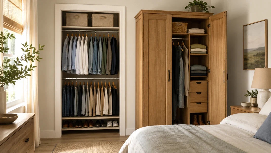 Neatly organized small bedroom closet with double hanging rods and a freestanding wooden wardrobe