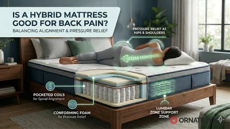 A cross-section view of a hybrid mattress showing pocketed coils and foam layers with a person sleeping comfortably, illustrating spinal alignment and pressure relief for back pain at Ornate Home
