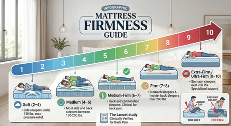An educational infographic showing the mattress firmness scale from 1 to 10, illustrating different sleeping positions—side, back, and stomach—and recommending firmness levels based on body weight and spinal alignment
