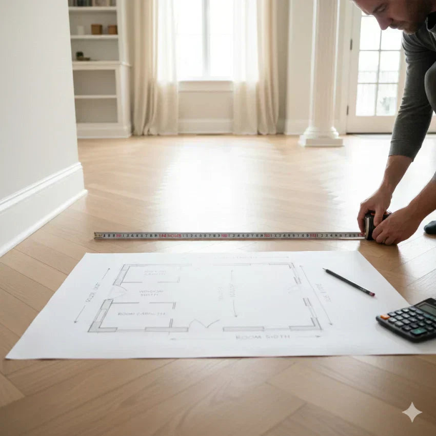 A top-down view of a person using a yellow measuring tape to scale a hand-drawn dining room floor plan on white paper, with a calculator and pencil nearby on a wooden floor.