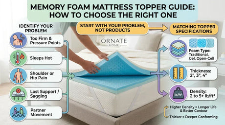 mattress topper selection guide infographic, matching specific bed problems to the correct foam type, thickness, and density specifications
