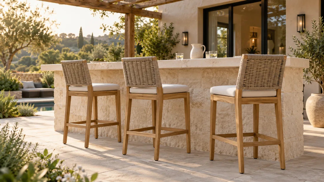 Three teak outdoor bar stools with woven backs, ivory cushions, and footrests beside a stone patio bar.