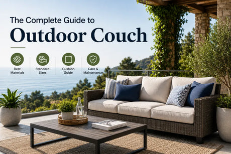 Modern wicker outdoor couch with weather-resistant cushions on a luxury patio overlooking the ocean, featured in a complete outdoor sofa buying guide.