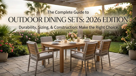 A 6-piece teak and aluminum outdoor dining set arranged on a stone patio under a pergola, featuring a rectangular table and cushioned chairs at sunset