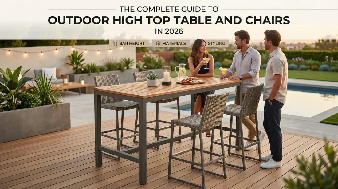 outdoor high-top table and wicker bar chairs set on a modern poolside patio
