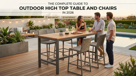 outdoor high-top table and wicker bar chairs set on a modern poolside patio