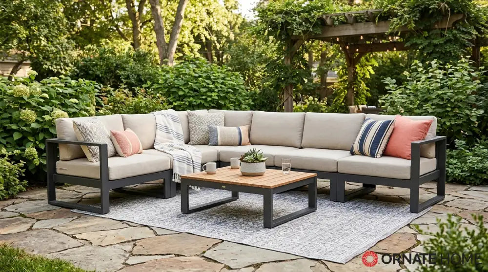 modern aluminum and resin wicker outdoor sectional on a patio