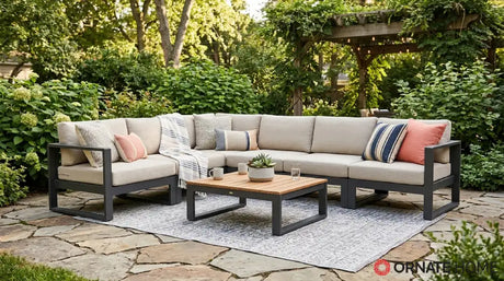 modern aluminum and resin wicker outdoor sectional on a patio