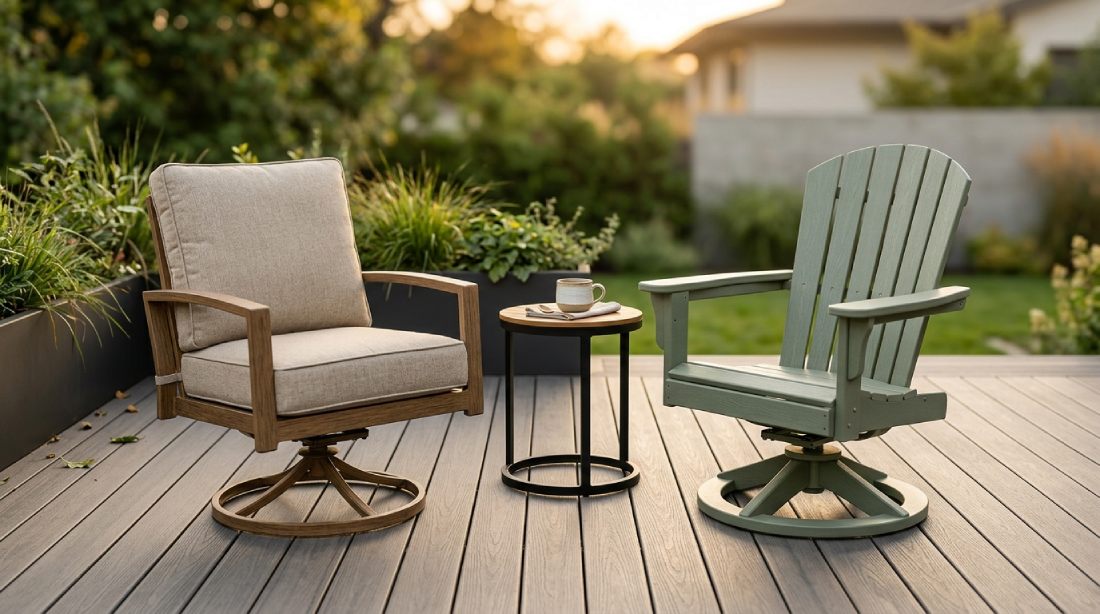 outdoor aluminum and HDPE swivel glider chairs on a patio
