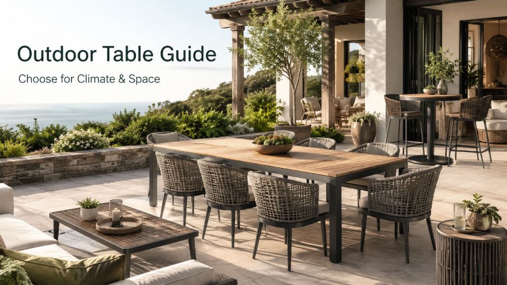 Outdoor patio showing dining, coffee, side, bar, and bistro tables arranged for different outdoor living zones.