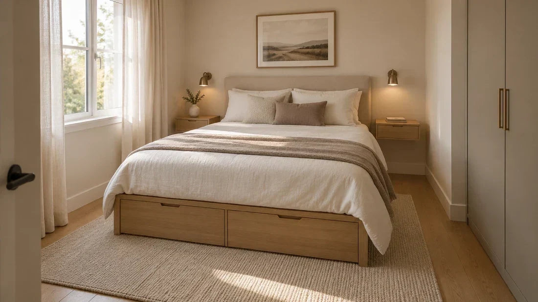 Small master bedroom with an oak storage bed, floating nightstands, a tall wardrobe, and neutral bedding.