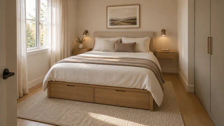 Small master bedroom with an oak storage bed, floating nightstands, a tall wardrobe, and neutral bedding.