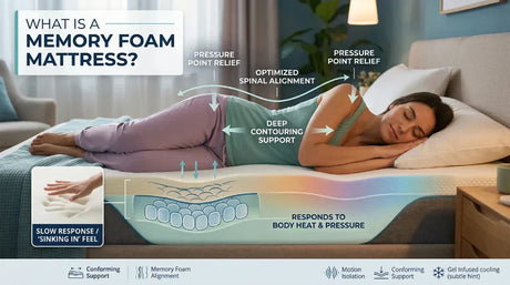Diagram explaining how a memory foam mattress works, showing deep contouring support, spinal alignment, and how the material responds to body heat and pressure.
