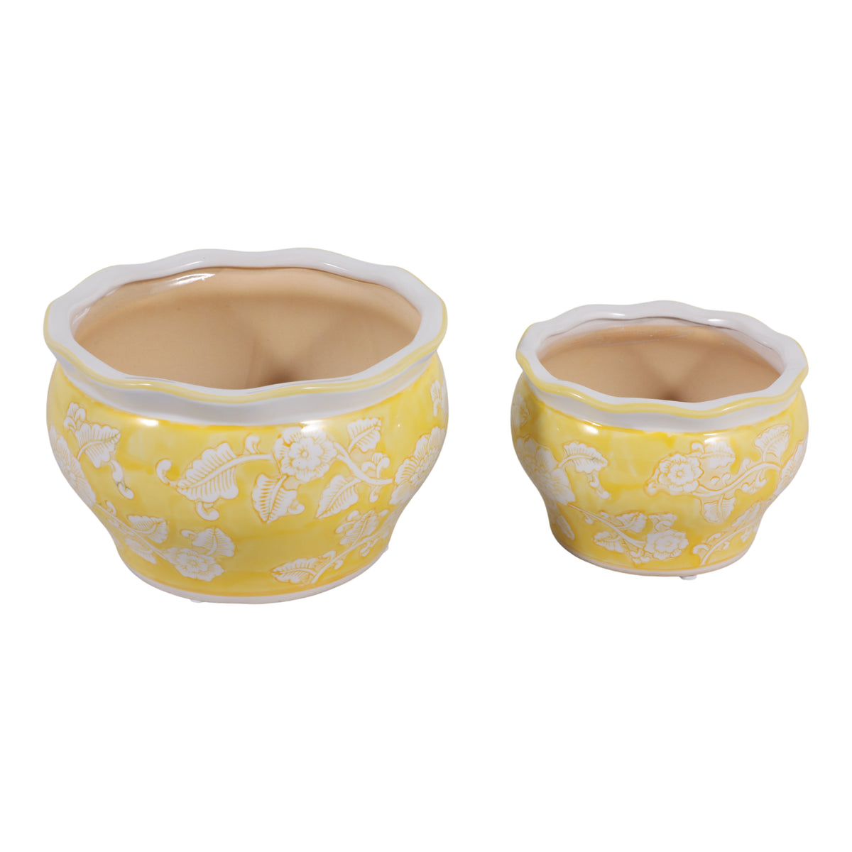 Henleydale Yellow/White Ceramic Round Chinoiserie Planters (Set of 2)