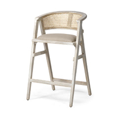 Tabitha Beige/Blonde Fabric/Rattan Seat Wood Frame Bar Stool