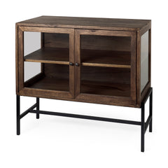 Arelius Medium Brown/Black Wood, Metal Base with 2 Glass Doors Accent Cabinet