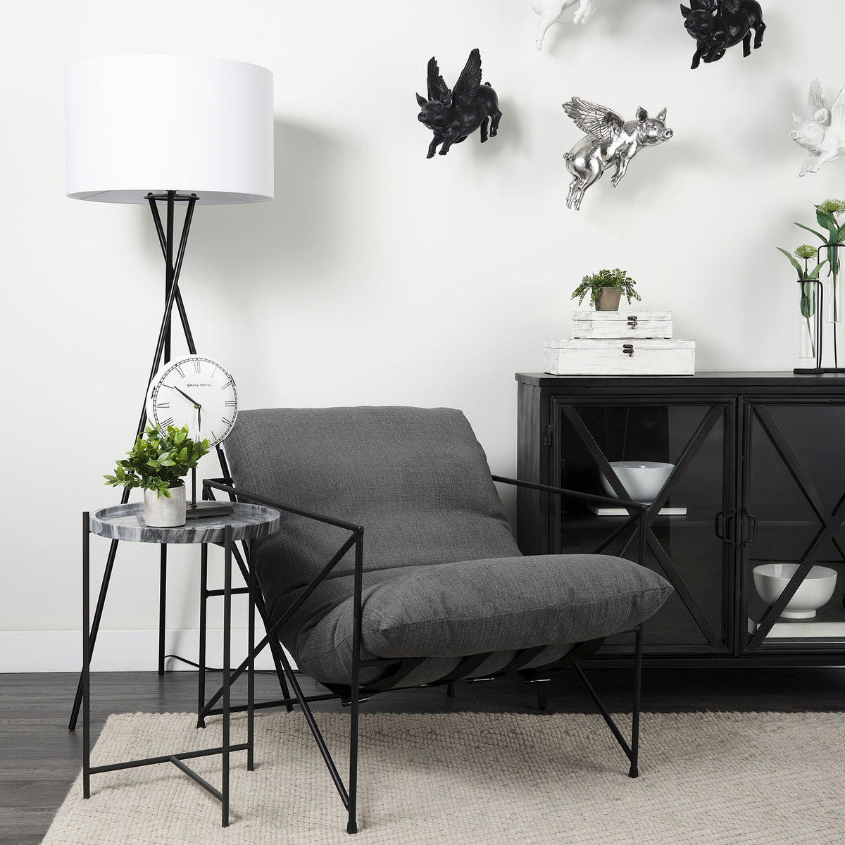 Stella Gray/Black Round Marble Top Accent Table