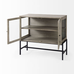 Arelius Gray/Black Wood, Metal Base with 2 Glass Doors Accent Cabinet