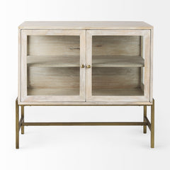 Arelius White/Gold Wood, Metal Base with 2 Glass Doors Accent Cabinet