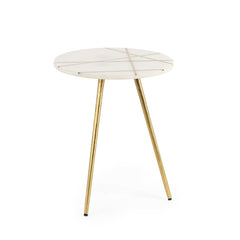Vivienne White/Antiqued Gold Marble Metal Round Small Side Table