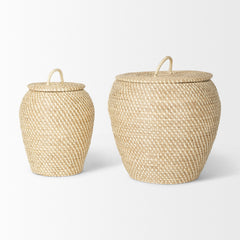 Kalopa Brown Seagrass Floor Baskets with Flat Handled Lid (Set of 2)
