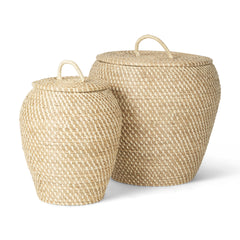 Kalopa Brown Seagrass Floor Baskets with Flat Handled Lid (Set of 2)