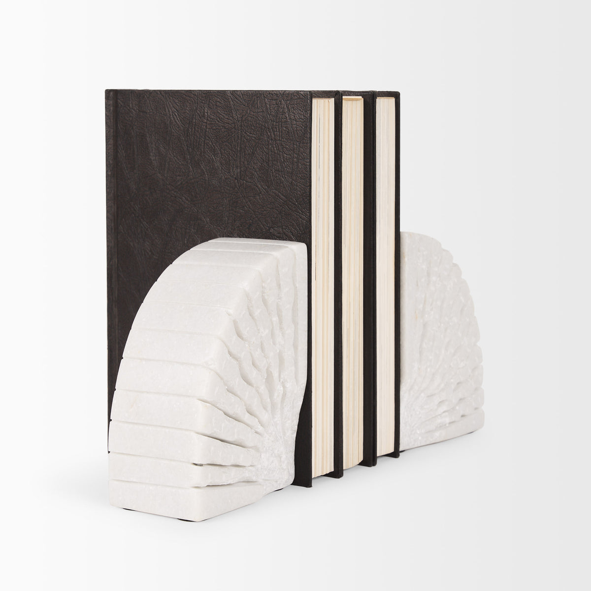 Stept White Marble Bookends with Rough Carving (Set of 2)