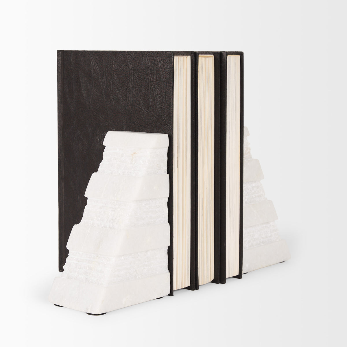 Cavetto White Marble Bookends with Rough Carving (Set of 2)