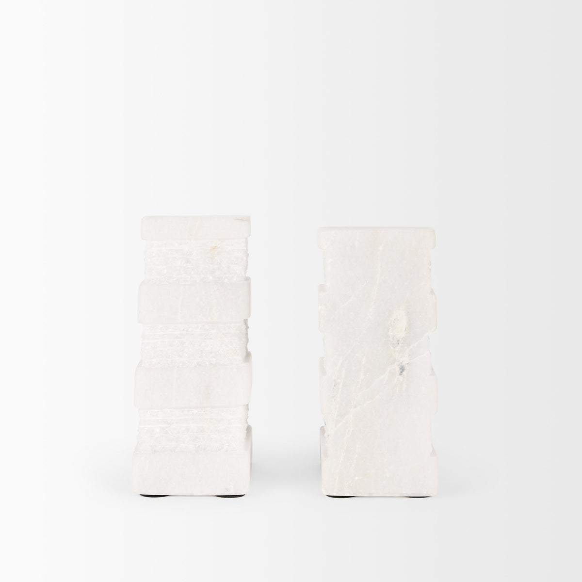 Cavetto White Marble Bookends with Rough Carving (Set of 2)