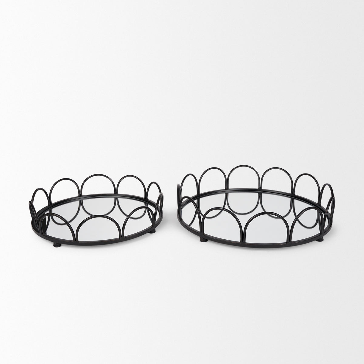 Lenore Black Round Metal/Mirror Tray (Set of 2)