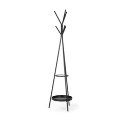 Everett Matte Black Metal with Two Metal Shelves Coat Rack