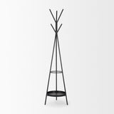 Everett Matte Black Metal with Two Metal Shelves Coat Rack