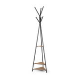 Everett Matte Black Metal with Two Wood Shelves Coat Rack