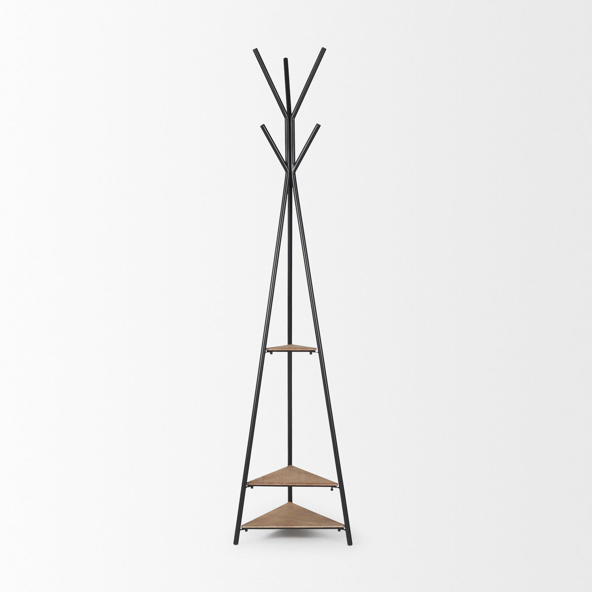 Everett Matte Black Metal with Two Wood Shelves Coat Rack